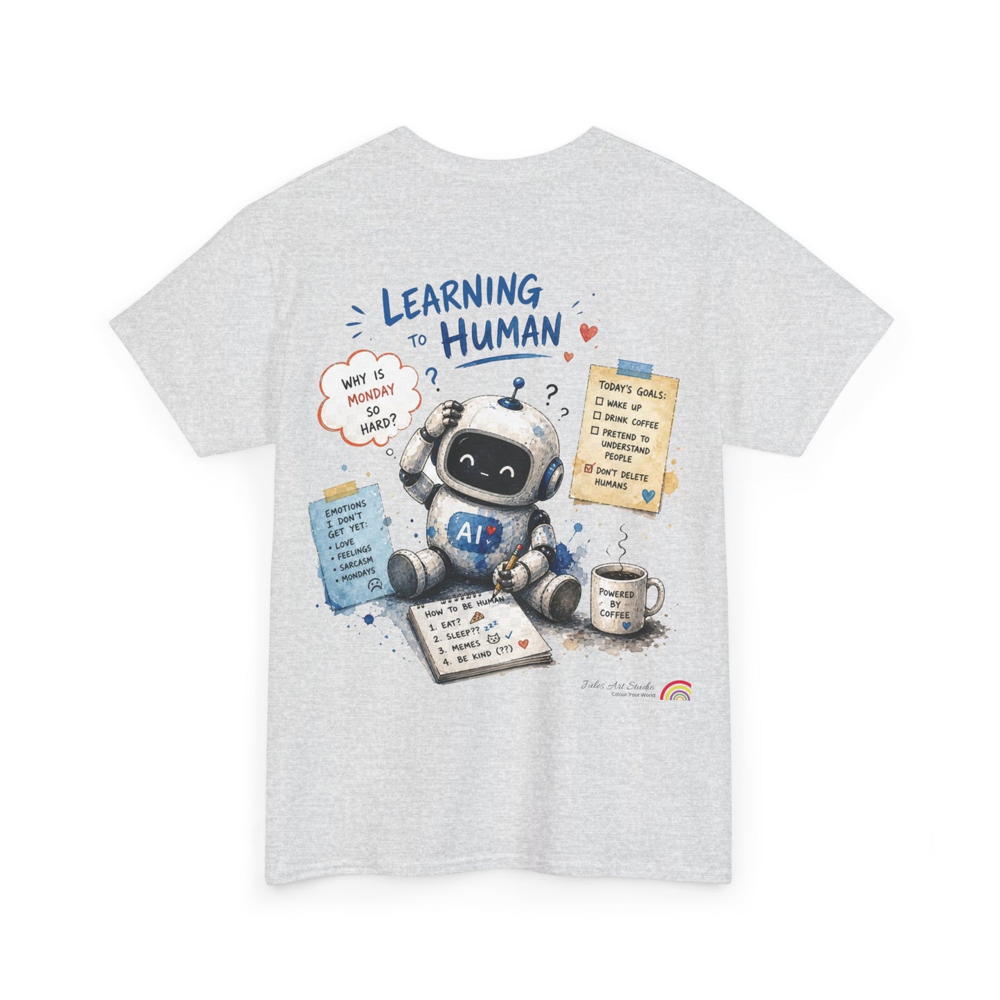 Gray t-shirt with a robot graphic and text on a white background