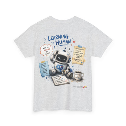 Gray t-shirt with a robot graphic and text on a white background